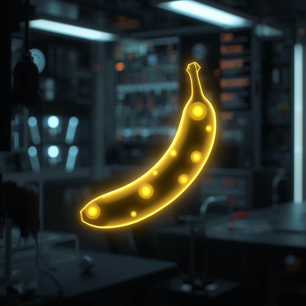 A futuristic glowing nano banana floating in a high-tech lab